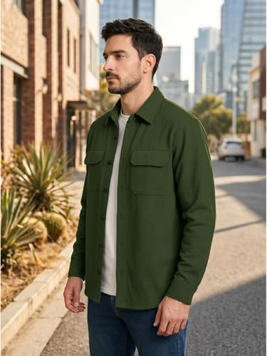 Image of DEELMO Men's Cotton Polyester Corduroy Shirt with Textured Pattern Spread Collar Full Sleeves Dual Pocket Front and Button Down Closure | Textured Shirts for Men | Shirts for Men Stylish