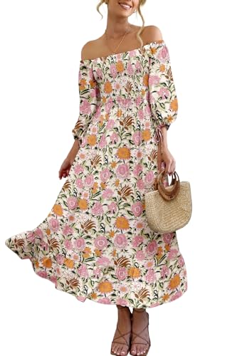 Women Boho Maxi Dresses Summer 2025 Puff Sleeve Square Neck Smocked Aline Casual Ruffle Tiered Flowy Beach Long Dress Pocket2