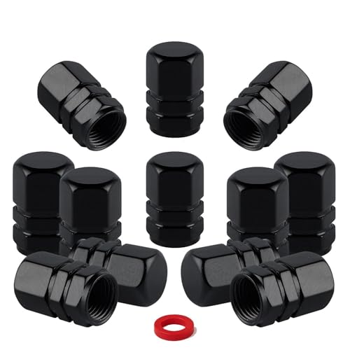Pack de 10 Tapones para Rueda de Coche de Aluminio Negro + 2 de Regalo | Tapón Universal de Válvula para Moto, Bicicleta o Patinete | Anillo Sellador Antifugas | Diseño Elegante y Alta Resistencia