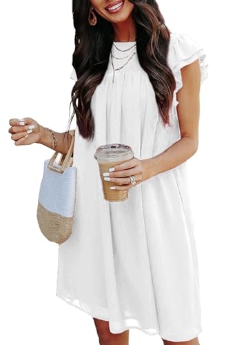 Image of KIRUNDO Wedding Guest Shift Dresses for Women Short Spring Summer Ruffle Cap Sleeve Chiffon Babydoll Flowy Mini Sundress