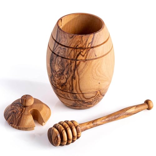 Kamsah Olive Wood Honey Pot - Honey Jar with Lid and Honey Wooden Dipper Stick - Rustic Handmade Bee Honey Container & Holder - 3.5 oz Empty 3 Piece Set for Home and Kitchen - Gift for Any Occasion