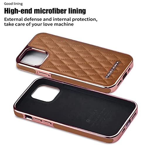 Image of PULOKA iPhone 14 Vegan Leather Back Cover Royal Diamond Pattern with Electroplated Case Compatible for Apple iPhone 14 6.1 inchinch - Brown
