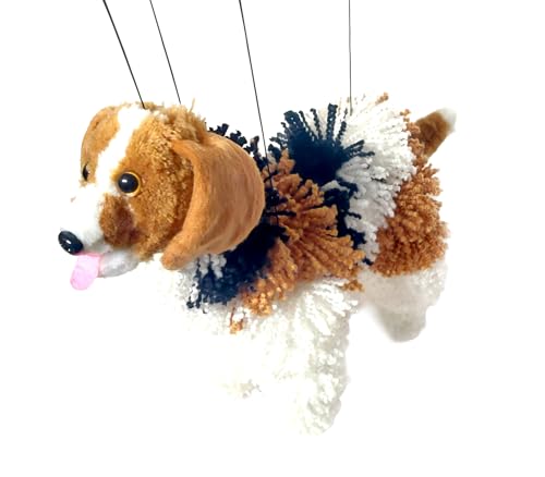 Artisan Owl Beagle Marionette Puppet - Yarn Dog with Wooden Feet, Detachable Strings