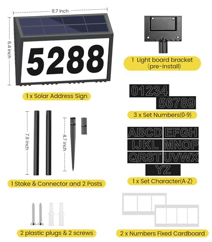 Image of Solar House Numbers for Outside Light up, LED Illuminated Home Number Address Sign Plaque Waterproof for Yard, Wall-Mounted or Floor-Plugged- Black, 8.7 x 6.4 inch (Pack of 2)