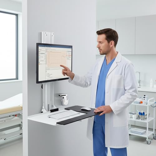 Mount Plus MED01 Soporte de Pared para Monitor Médico con Bandeja Ajustable para Teclado y Mouse, Compatible con Pantallas de 17" a 32", Incluye Soporte para Escáner y Mini CPU miniatura 3