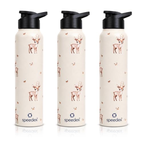 Image of Speedex Stainless Steel Water Bottle 1 Ltr (1000ml), BIS Approved, Leak-Proof Sipper Cap, Baby Deer Printed Design, Office, School, Travel, Daily Use, Men, Women, Boys, Girls, Kids, Set of 3