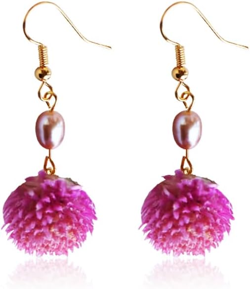Pink Floral Drop Earrings with Pearl Beads, Gold-Tone Fish Hook, Handmade Dangle Jewelry,Handmade Real Freshwater Pearls & Preserved Strawflower Dangle Earrings - Lightweight Hypoallergenic Rose Gold Earrings, Unique Pressed Floral Gift for Women