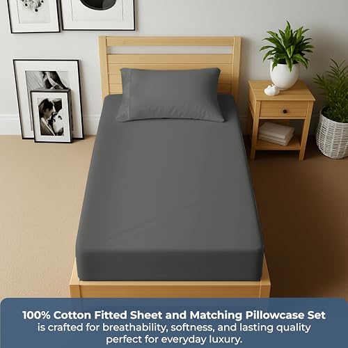 Image of ROYALE LINENS Fitted Sheet with Pillowcase - Twin XL Fitted Sheets with 1 Pillowcase - 300 Thread Count 100% Organic Cotton - Fit Mattress Up to 18 inch Deep - Soft & Breathable - Grey (No Flat Sheet)