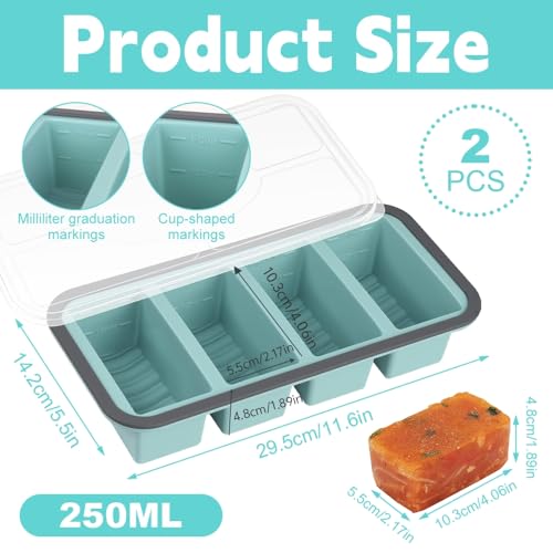 Hojalis 2Stück Suppen Einfrieren Behälter, Silikon Gefrierform Suppe mit Deckel 4 Gitter, 250ml Silikon Gefriertablett, BPA-frei, Stapelbare Gefrierbehälter für Suppe Brühe Sauce Eiswürfel (4 Gitter)