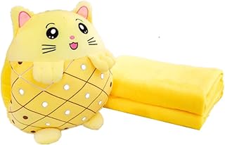 Kids Stuffed Animal Travel Blanket and Pillow Set, Adorable 3 in 1 Multifunctional Fruit Plush Pillow with Hand Warmer Design, Perfect for Travel, Camping, Car, Home and Office (15") (Yellow)