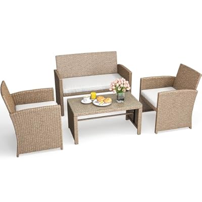YITAHOME 4-Piece Patio Bistro Set, All-Weather Outdoor Patio Furniture Rattan Wicker Loveseat Conversation Set with Glass Side Table and Soft Cushions, Light Brown+Beige