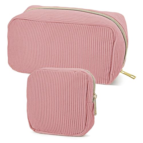 2 Stück Kosmetiktasche, Cord Make Up Tasche mit Fächern, Tragbare Schminktasche Klein mit Metall Reißverschluss, Rosa Makeup Tasche für Mädchen Frauen Damen (Rosa)