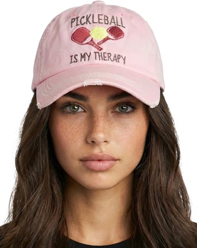 Funky Junque Distressed Baseball Cap for Women - Vintage Trucker Hat with Embroidered Patch, Womens Hats - Pickleball is My Therapy - Light Pink