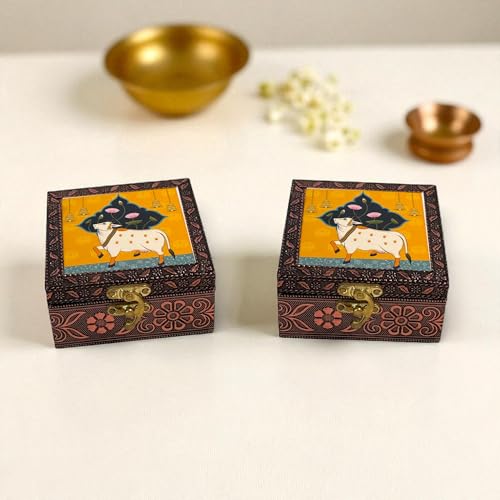 Image of Handcrafted Wooden Jewellery Box Copper Metal Finish (4 x 4 inch) Pack of 2 | Oxidized Pichwai Cow Design | Decorative Organizer | Storage Box for Women Puja Festive Gifting | Marigold Gold