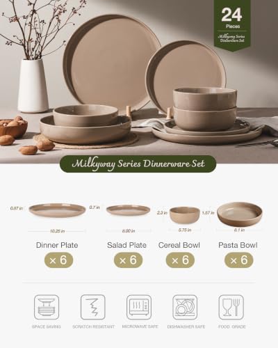 Image of Famiware Milkyway Stoneware Dinnerware Sets with Pasta Bowls, Service for 6 (24 Pieces), Plates and Bowls Sets -Scratch Resistant, Microwave and Dishwasher Safe Dishes Set, Cinnamon Brown