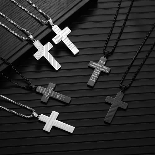 RWQIAN American Flag Cross Necklace for Men Bible Verse, Christian Religious Scriptures Faith Baptism 1st First Communion Pendant Chain for Boys, Fathers Dad Day Graduation Jewelry Gifts for Him4