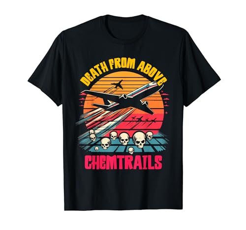 Caveiras de avião a jato de Chemtrails Conspiracy Theory Retro Groovy t-shirt, Preto, S