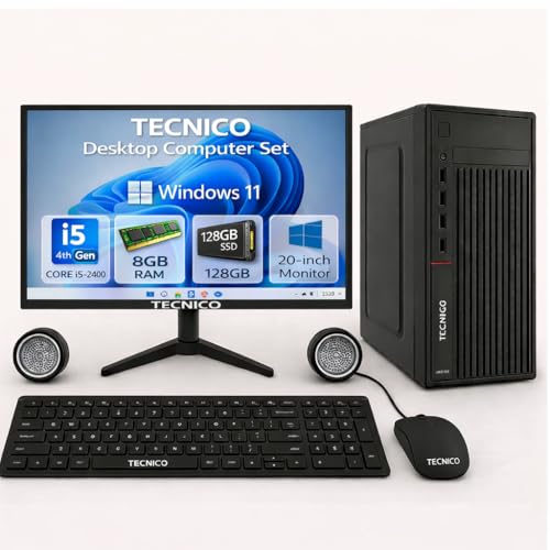 TECNICO Desktop Computer Set, Windows 11 Intel Core I5-2400, 8GB RAM, 128GB SSD, 20-Inch Monitor, Keyboard, Mouse, Speakers