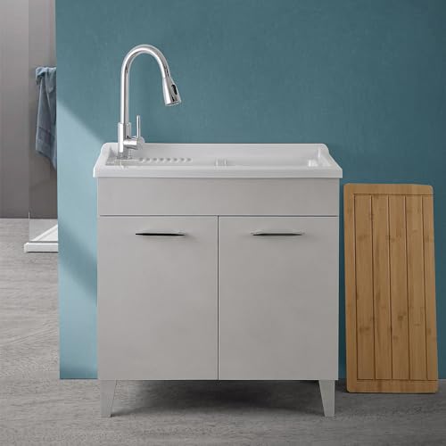 Inbagno Lavatoio con mobile 80x50 cm grigio calce con 2 ante, vaschetta in resina con piletta e sifone incluso, MOON - 7