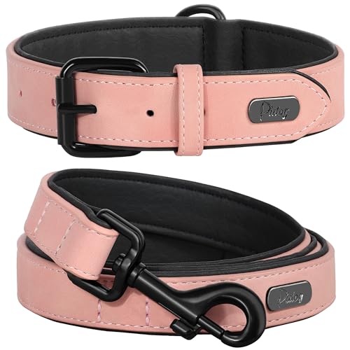 Image of Didog PU Leather Dog Collar and Leash Set, Soft Padded, Pink, Neck 18-22 inch