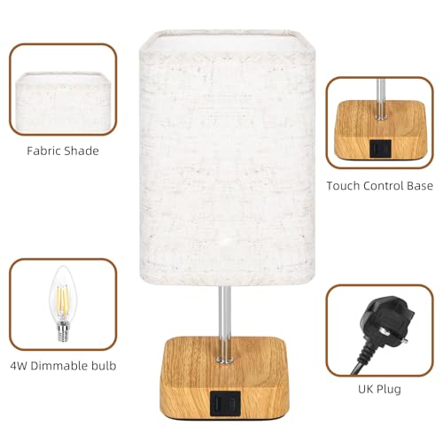 Touch Bedside Table Lamp,Dimmable Touch Control Nightstand Lamps with USB-C&USB-A Charging Ports,Small Lamp Wood Base Beige Flaxen Fabric Shade for Bedroom,Living Room,Office,Dimmable Bulb Included - Image 6
