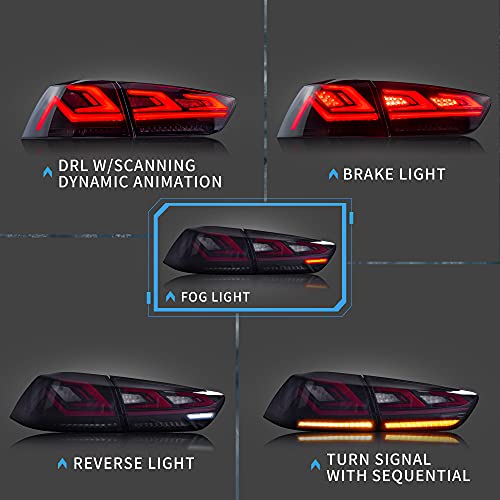 Vland Led Tail Lights Compatible With Mitsubishi Lancer & Evo X 2008-2020(Not Fit Sportbacks/Fortis/Io ) W/3D Scanning Dynamic Animation W/Sequential, Smoked/Tinted, Driver & Passenger Sides #TOP1