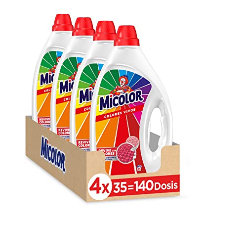 Micolor Gel Colores Vivos (pack de 4, total: 140 lavados), detergente líquido para lavadora con tecnología recupera colores, jabón para ropa de color