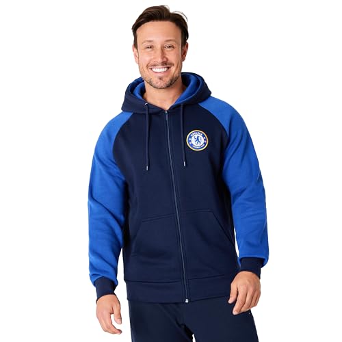 Chelsea FC Full Zip Hoodie Herren, Kapuzenpullover Herren mit Vordertasche - Fussball Geschenke Männer (Dunkelblau, L)