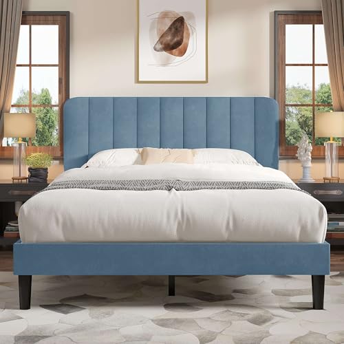 Image of VECELO Queen Size Bed Frame with Upholstered Headboard, Velvet Platform Bedframe Mattress Foundation, Strong Wood Slat Support, No Box Spring Needed,Sky Blue