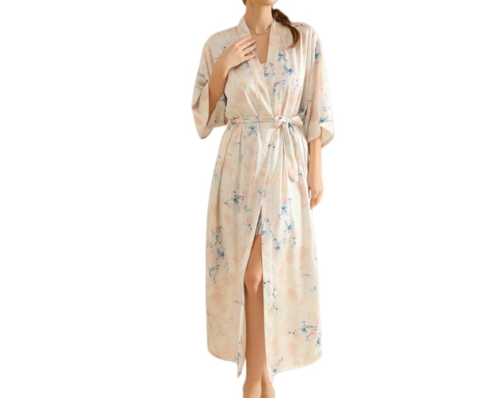 Genérico Bata de Satén de Lujo para Mujer - Albornoces Largo Ligero con Estampado Floral - Cómoda Bata de Seda Suave con Cuello en V - Ropa de Dormir