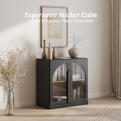 Image of BELLEZE Bijou 31.5 inch Modular Sideboard Cabinet - Expandable Design w /Arched Glass Doors - Use Solo or Combine for Buffet, Living Room Media Center & Entryway - 70lbs Capacity, Ebony