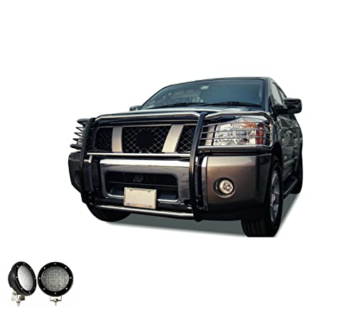 Image of Black Horse Grille brush Bumper Guard Modular Stainless Steel Come with Pair of 5.3 inchLED Light with Black Trim Ring Compatible with 2005-2015 Armada|2004-2015 Titan Crew Cab & King Cab-17NR26MSS-PLFB
