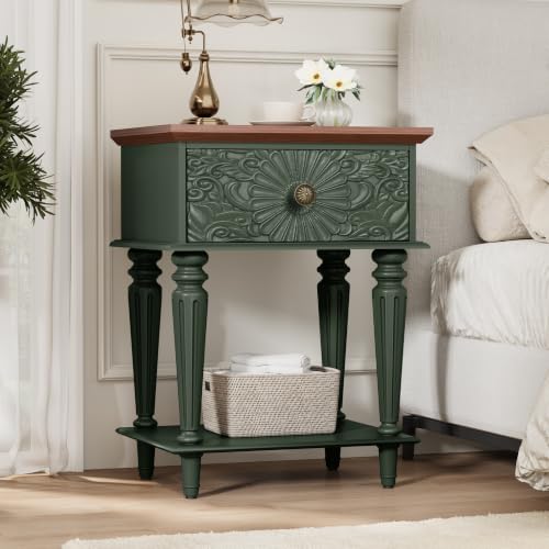 Retro Nightstand with Carved Floral Drawer, Green Bedside Table for Bedroom