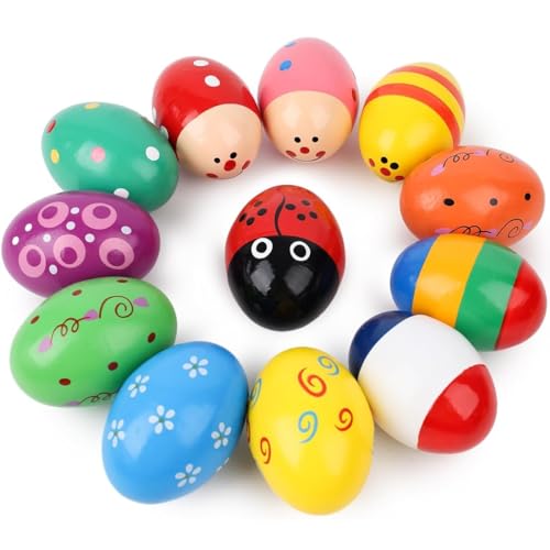 KOMUNJ 12 Stück Hölzerne Eierschüttler Maracas Percussion Musical, Kids Baby Holz Ei Maracas Shakers Music Percussion Spielzeug, für Party -Gefälligkeiten, Osterjagd, Zufällige Farbe
