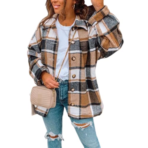 Womens Plaid Shirts Long Sleeve Button Down Shacket Jacket Casual Lapel Tartan Shirts Loose Fit Cardigan Fall Outfits
