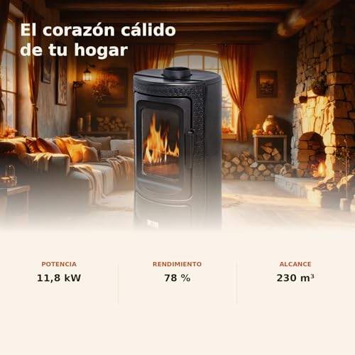 Miniatura 4 de Eider Biomasa Estufa De Leña Royce En Fundición 11,8 Kw Compacta 97x49x48 Cm Calienta Hasta 205 M Diseño Robusto Alta Eficiencia Energética Clase A Visión Del Fuego