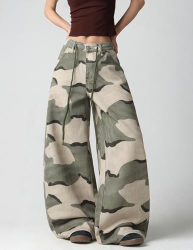 MaxOpen Camo Cargo Pants for Women Mid Waist Wide Leg Camouflage Army Fatigue Jean Y2k Hip Hop Baggy Trouser Streetwear Green — view 3
