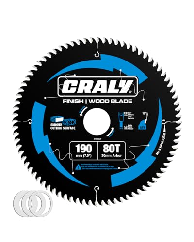 CRALY 190mm 80 Teeth Ultra Fine Finish Wood Cutting Circular Saw Blade 30mm Arbor Carbide Tipped Thin Kerf Black Ice Coating for Plywood MDF OSB Laminated(E19080UF)