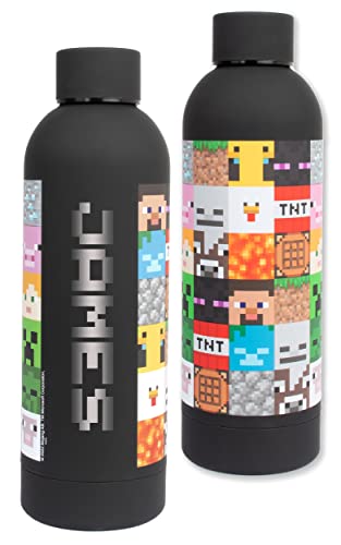 Minecraft - Botellas de agua personalizadas para niños - Botella de agua de acero inoxidable - Botella de agua a prueba de fugas - Botella de agua sin BPA - 700 ml - Negro