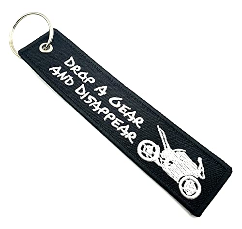 SNS Components Drop A Gear And Disappear Motorbike Biker Black Embroidered Woven Luggage Tag Keyring Keychain