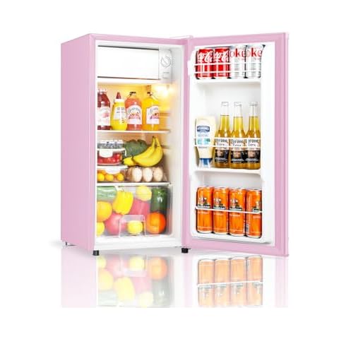 Seaoola Mini Fridge with Freezer, Single Door 3.1 Cu.Ft, Compact Mini Refrigerator, LED Light, Adjustable Thermostat, Removable Glass Shelves, Small Refrigerator for Dorm/Office/Bedroom(Pink) Cover