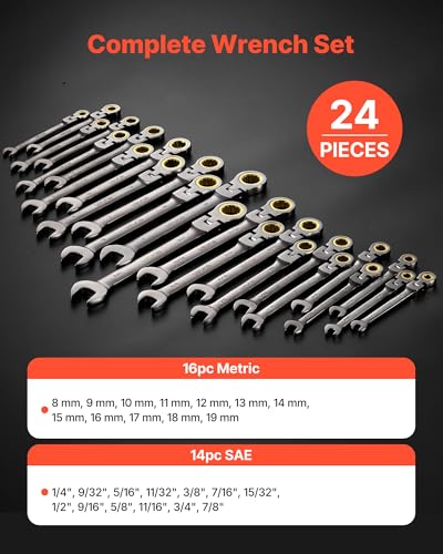 Image of VEVOR 24-piece Ratcheting Wrench Set with 180 Flex Head, Anti-Slip Tooth, Combination Wrench Sets with Organizer Box, Metric 8-19mm & SAE 1 /4-3 /4 inch, Nickel Plating