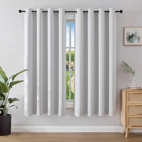 Image of Joydeco Blackout Curtains for Bedroom 42 x 63 Inch, Eyelet Thermal Insulated Energy-saving Drapes for Room Darkening Light Filtering, Short Window Treatments 63 Inch Drop, 2 Panels - Greyish White