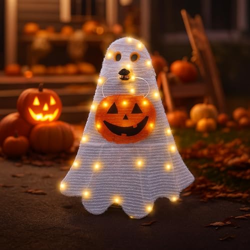 Retisee Lighted Halloween Ghost Dog Puppy with Pumpkin Outdoor Decoration