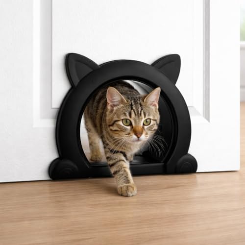 Interior Cat Door No Flap – Large Cat Door for Interior Doors, Easy Install with Template, Fits 0.8”-1.8” Thick Doors, Quiet & Safe Smooth Edges, Ideal for Litter Box & Privacy (Black)