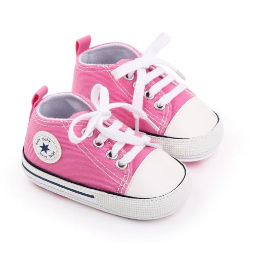 Image of Unisex Baby Girls Boys Canvas High-top Shoes, Newborn Infant Anti-Slip Soft Sole Frist Walking Breathable Sneakers
