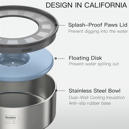 Image of 2L No Spill Water Bowl for Dogs, Double-Wall Stainless Steel with Splash-Proof Paws Lid and Floating Disk, Non-Slip Base, Easy to Clean Slow Water Feeder for Small Medium Dogs