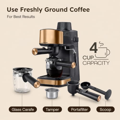 Image of Prestige Espresso 800W Coffee Maker Black and Gold|Detachable Drip Tray|Built-In Milk Frother|1 Year Warranty