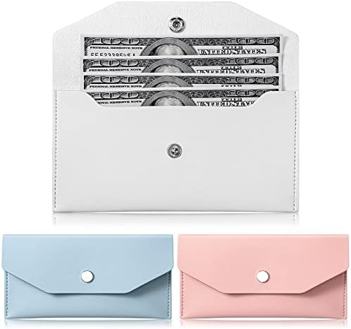 3 Pieces Money Envelopes for Cash Envelope Wallets PU Leather Cash Money Pouch Cash Envelope Holder Reusable Budget Envelope for Women Girls Wedding Graduation Birthday (Blue, White, Pink)