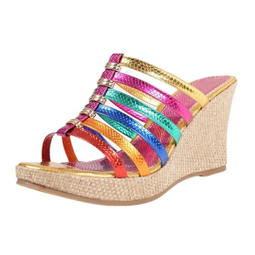 Women's Leather Weave Espadrille Wedge Sandals Fashion Strappy Comfortable Open Round Toe Slip On Platform Slides Summer Outdoor Beach Party Dress Slippers (Color,8)